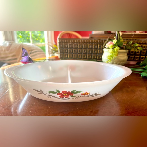 Vintage Glasbake Divided Serving Dish Pink Red Painted Flowers J-2352 RARE - Picture 1 of 9